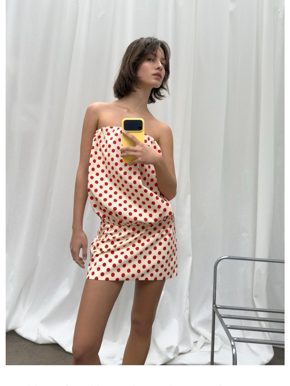 Zara Cream Strapless Mini Dress with Red Polka Dots